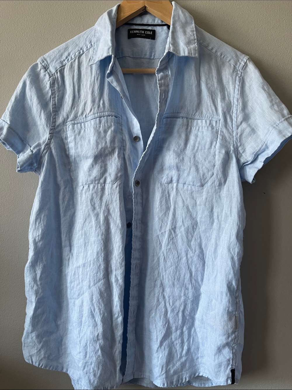Kenneth Cole 100% Linen Light Blue Short Sleeve Casual Button-Down Shirt